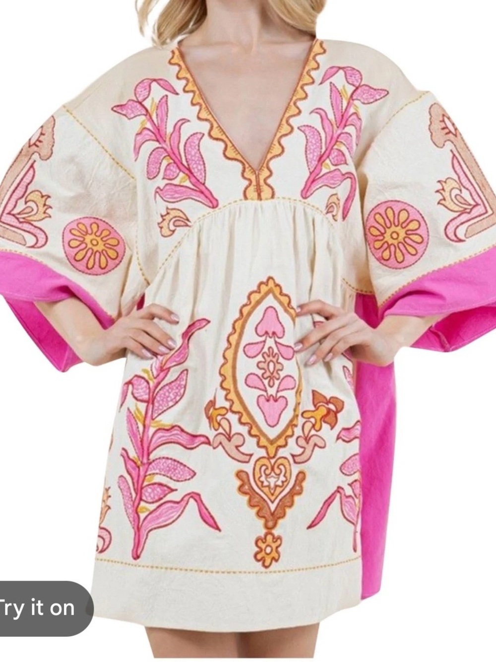2XL Boho Rhapsody Babydoll Swing Tunic Mini Dress V-neck Ivory, Pink & Orange - Picture 2 of 7